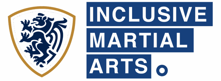"BMABA Inclusive Martial Arts badge featuring a gold and navy lion crest symbolizing equality, accessibility, and inclusive training standards."