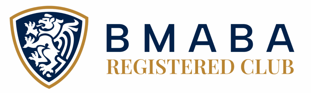 "BMABA Official Club badge featuring lion crest in navy and gold"