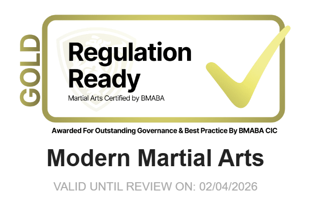 "Modern Martial Arts BMABA Gold Regulation Ready certification badge for outstanding governance and best practice, valid until 02/04/2026."